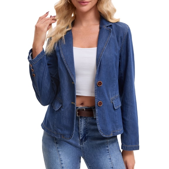 Women's Denim Jacket Notched Lapel Collar Long Sleeve Button Lightweight Fitted Denim Blazer S Dark Blue