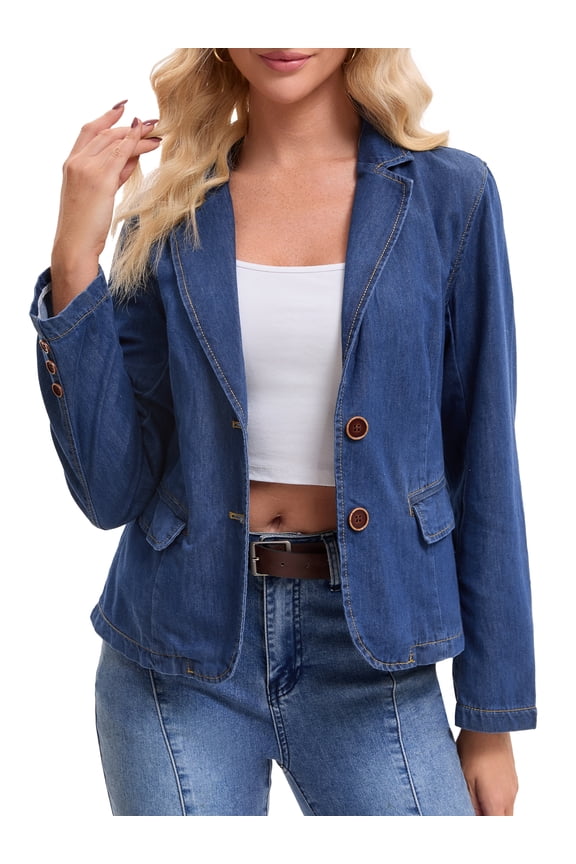 Women's Denim Jacket Notched Lapel Collar Long Sleeve Button Lightweight Fitted Denim Blazer S Dark Blue