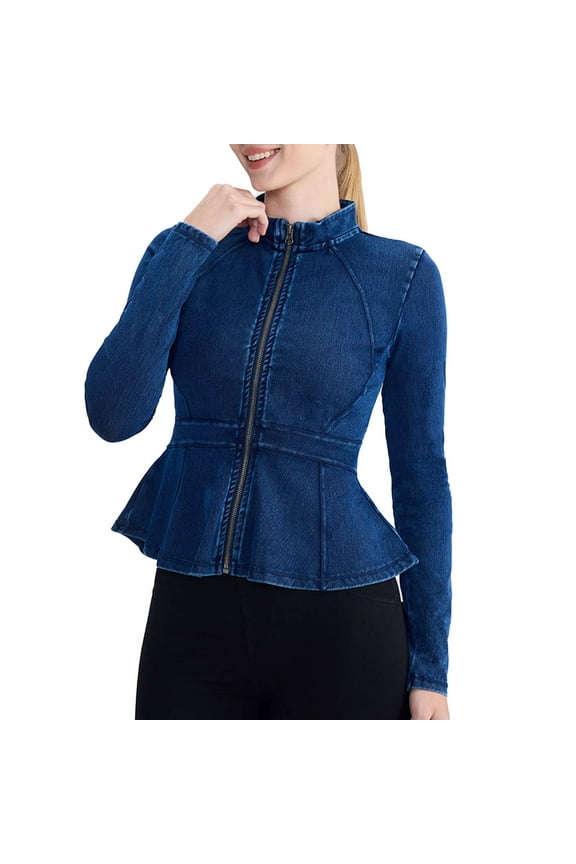Women's Denim Jacket With Round Neckline And Lace Trim Hem Long Sleeve Solid Color Lightweight