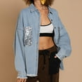 thumbnail image 1 of Women's Denim Jacket With Sequins Decoration And Pockets Solid Color Long Sleeve Casual Tops, 1 of 9