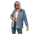 thumbnail image 1 of Women's Denim Jacket with Hoodie Casual Long Sleeve Hooded Denim Shirt Distressed Jean Jackets Button Down Top (Blue L), 1 of 7