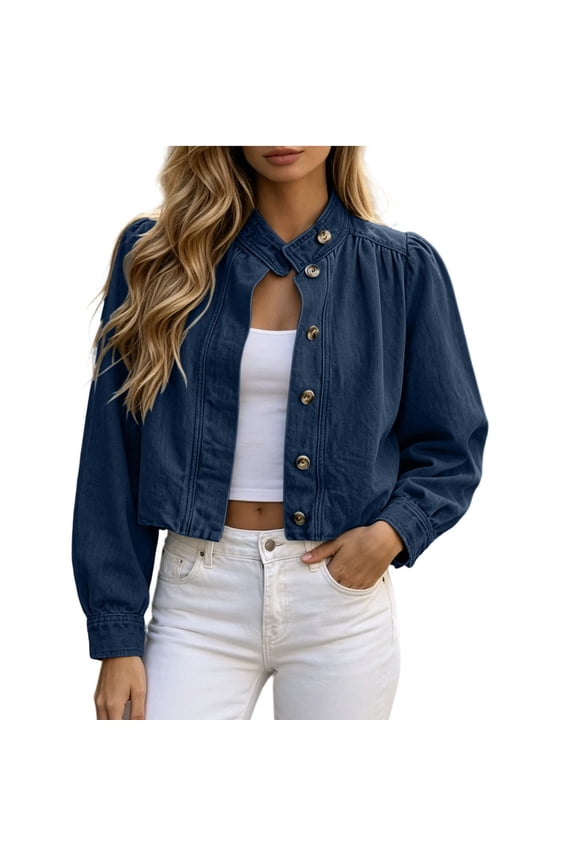 Women's Denim Jacket with Puff Sleeves Button Down Jean Crop Top Outfit Casual Slacks Vintage Shirts Shacket for Women