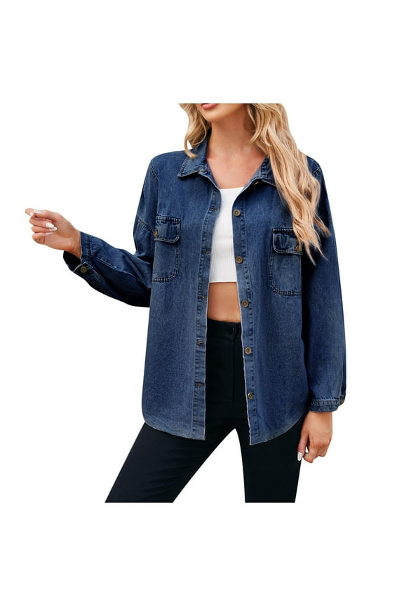 Women's Denim Jackets Button Down Stretch Boyfriend Jean Jacket Blue M