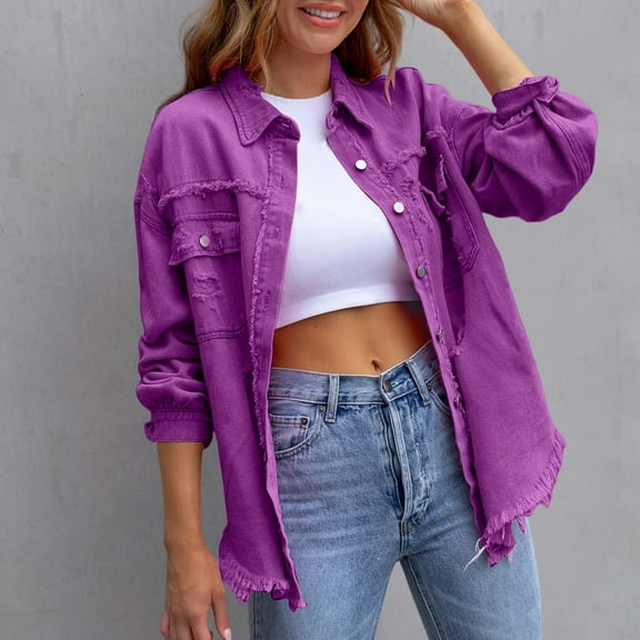 Women's Denim Jackets Clearance 2024!Women's Basic Solid Color Button Down Denim Cotton Jacket With Pockets Denim Jacket Coat