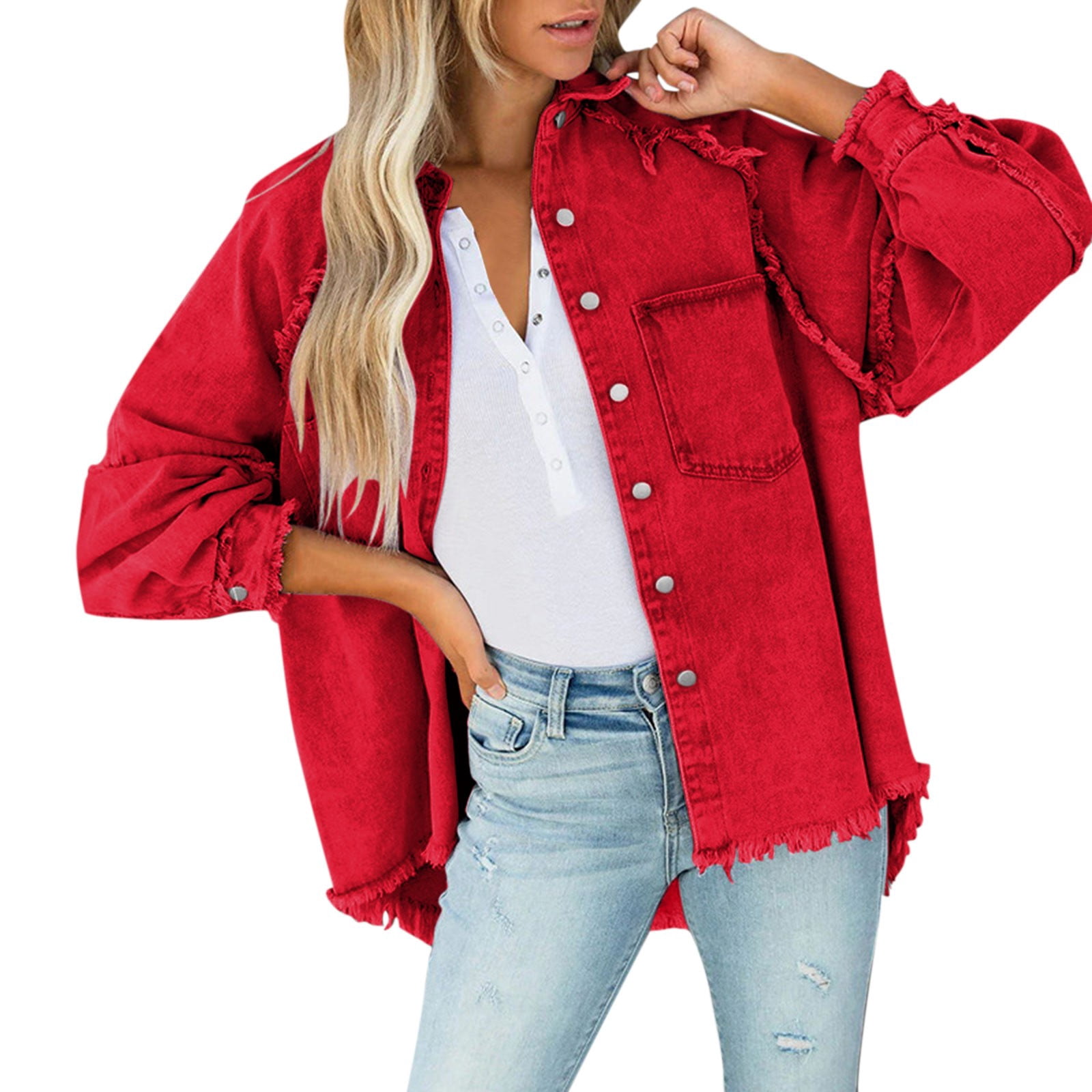 Women's Denim Jackets Distressed Ripped Fringe Button Down Shirts Long ...