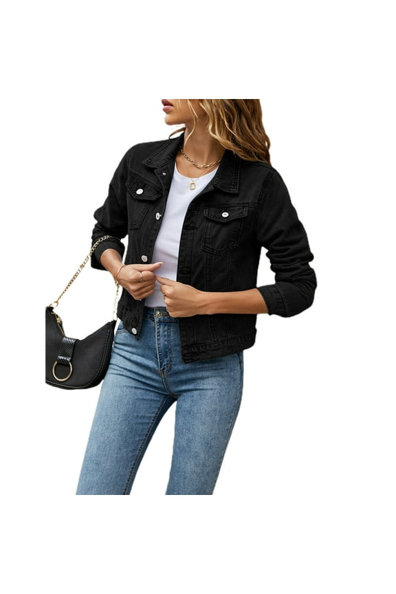 Women's Denim Jackets Fashion Casual Long Sleeve Solid Color Coat Button Down with Pocket Slim Fit Jean Cardigan Autumn Winter