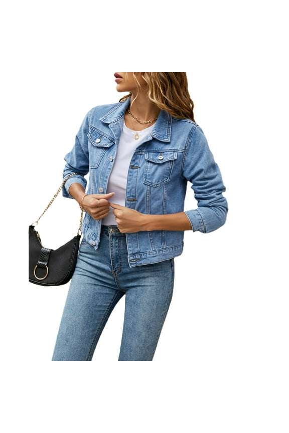 Women's Denim Jackets Fashion Casual Long Sleeve Solid Color Coat Button Down with Pocket Slim Fit Jean Cardigan Autumn Winter