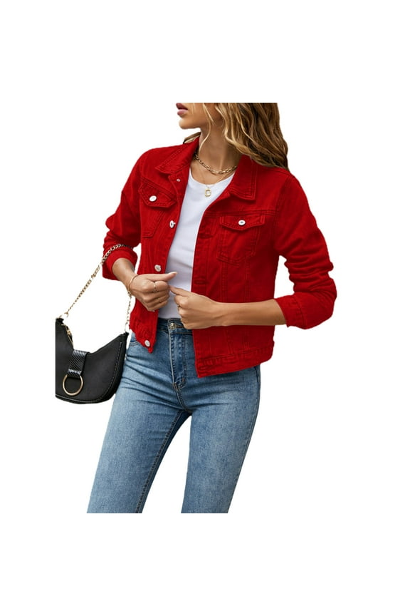 Women's Denim Jackets Fashion Casual Long Sleeve Solid Color Coat Button Down with Pocket Slim Fit Jean Cardigan Autumn Winter