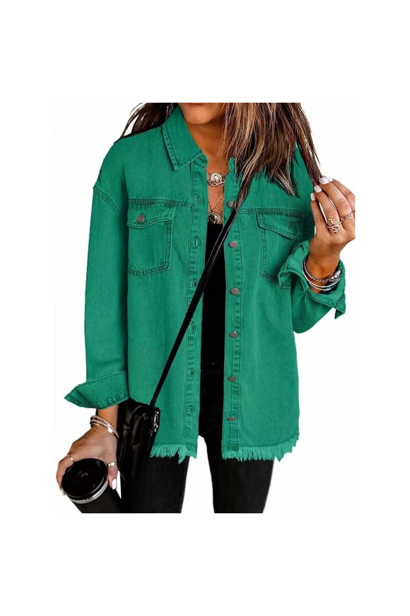 Women's Denim Jackets Loose Y2k Jean Shirt Shackets Button Down Casual Long Boyfriend Frayered Hem Outwear Tops (L, Green)
