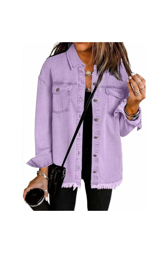 Women's Denim Jackets Loose Y2k Jean Shirt Shackets Button Down Casual Long Boyfriend Frayered Hem Outwear Tops (L, Purple)