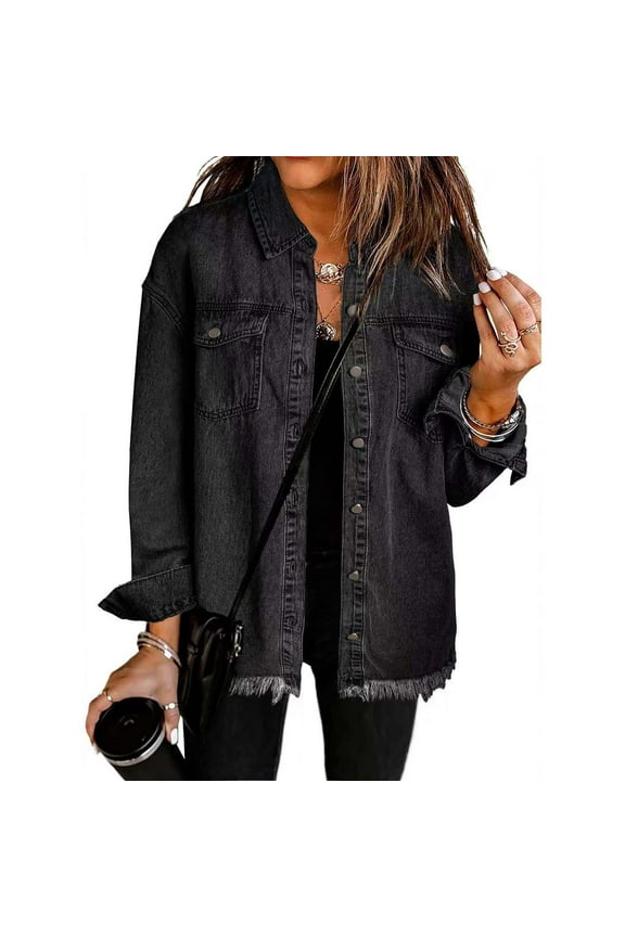 Women's Denim Jackets Loose Y2k Jean Shirt Shackets Button Down Casual Long Boyfriend Frayered Hem Outwear Tops (M, Black)