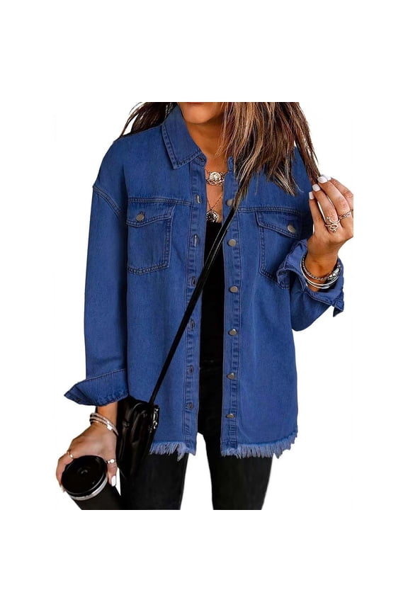 Women's Denim Jackets Loose Y2k Jean Shirt Shackets Button Down Casual Long Boyfriend Frayered Hem Outwear Tops (M, Dark Blue)