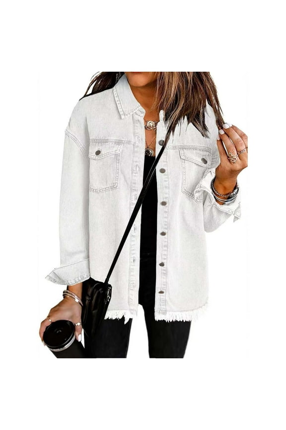 Women's Denim Jackets Loose Y2k Jean Shirt Shackets Button Down Casual Long Boyfriend Frayered Hem Outwear Tops (S, White)