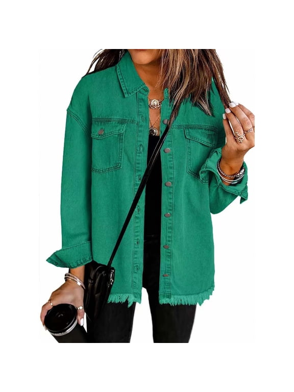 Women's Denim Jackets Loose Y2k Jean Shirt Shackets Button Down Casual Long Boyfriend Frayered Hem Outwear Tops (XL, Green)