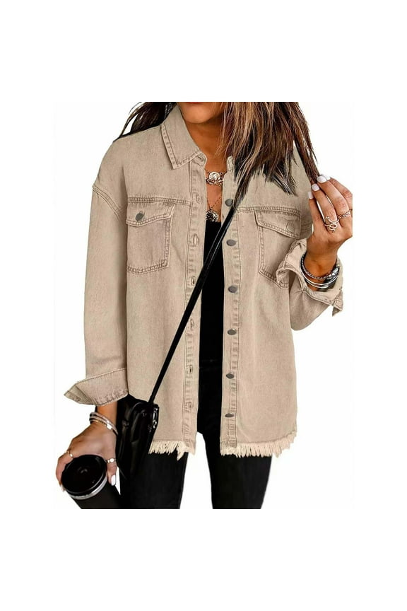 Women's Denim Jackets Loose Y2k Jean Shirt Shackets Button Down Casual Long Boyfriend Frayered Hem Outwear Tops (XL, Khaki)