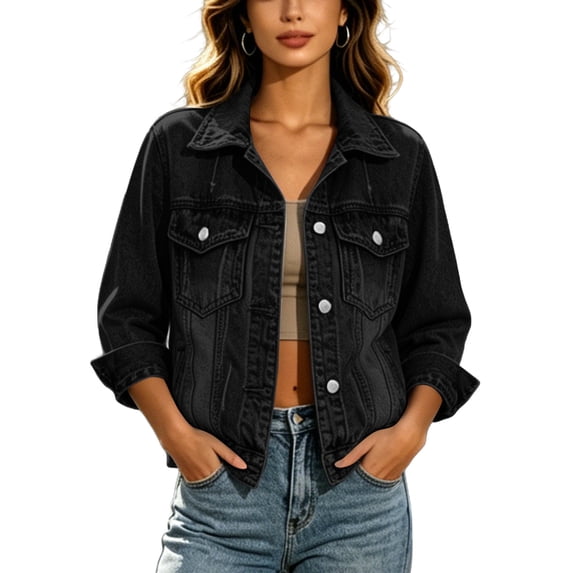 Women's Denim Jackets Multi Pockets Solid Color Long Sleeve Denim Jacket Collar Button Front Casual Trucker Coat Fall Winter Track Jackets with Pockets