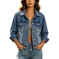 thumbnail image 1 of Women's Denim Jackets Multi Pockets Solid Color Long Sleeve Denim Jacket Collar Button Front Casual Trucker Coat Fall Winter Track Jackets with Pockets, 1 of 9