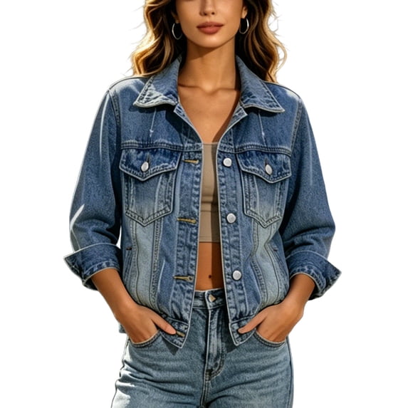 Women's Denim Jackets Multi Pockets Solid Color Long Sleeve Denim Jacket Collar Button Front Casual Trucker Coat Fall Winter Track Jackets with Pockets