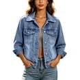 thumbnail image 1 of Women's Denim Jackets Multi Pockets Solid Color Long Sleeve Denim Jacket Collar Button Front Casual Trucker Coat Fall Winter Track Jackets with Pockets, 1 of 9