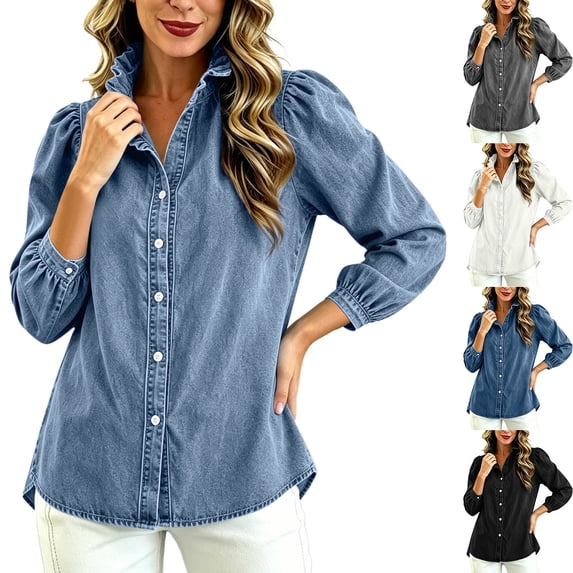 Women's Denim Jackets Ruffle Collar Button Down Long Sleeve Puff Sleeve Jacket Curved Hem Loose Fit Casual Travel Vacation Jean Outerwear