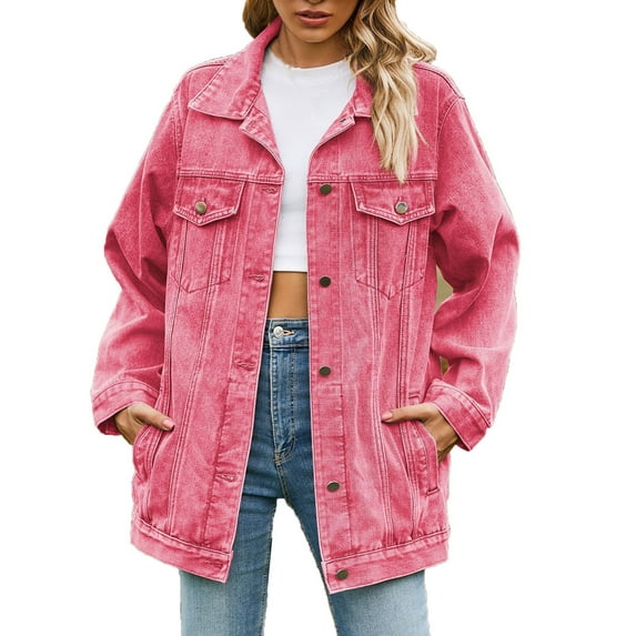 Women's Denim Jackets Womens Plus Denim Stretch Denim Jacket, Women's Oversized Mid Long Denim Jacket Jean Biker Coat S-91 Pink-a XL