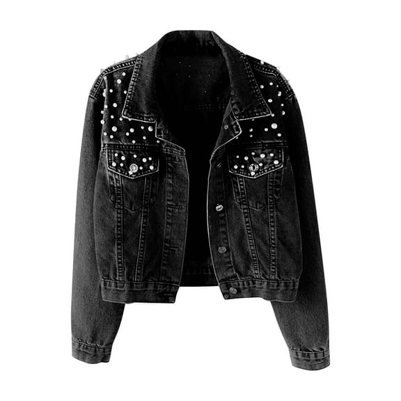 Women's Denim Jean Jackets Women Oversized Denim Jacket Embroidered Long Sleeve Pearls Beading Jeans Cropped Coat S-33 Black XXL