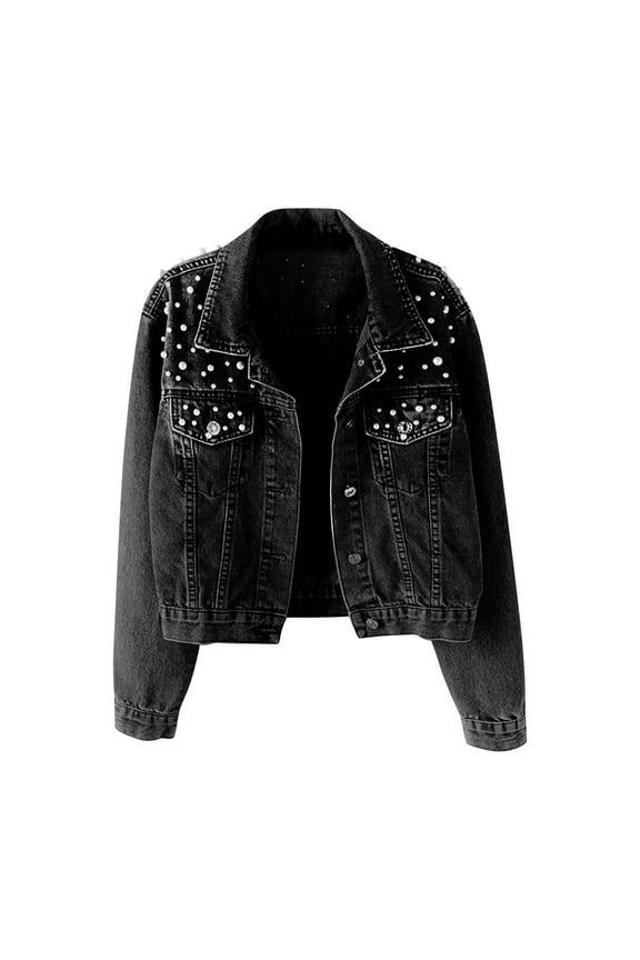 Women's Denim Jean Jackets Women Oversized Denim Jacket Embroidered Long Sleeve Pearls Beading Jeans Cropped Coat S-33 Black XXL