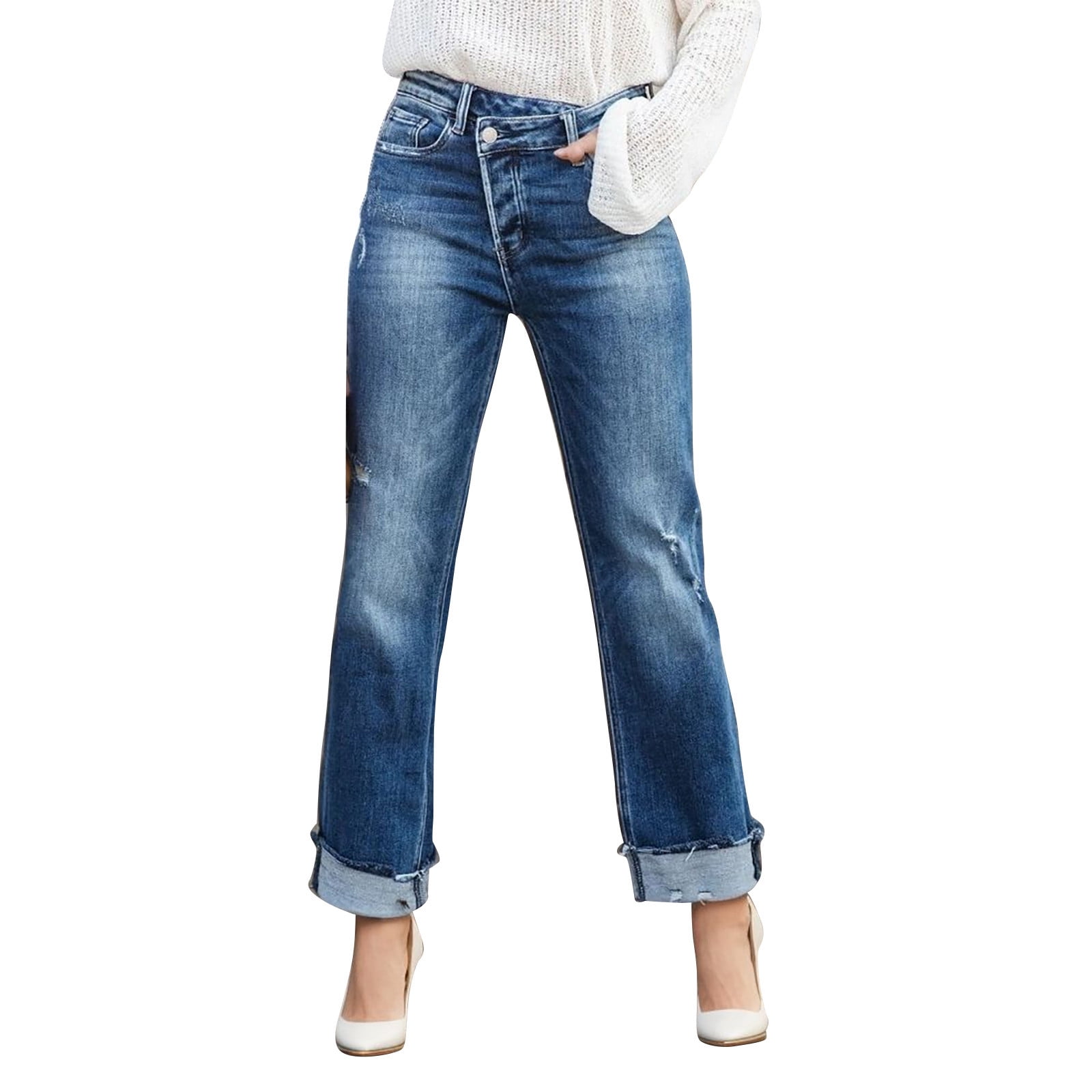 Women's Denim Jean Pants Elegant High Waisted Straight Leg Jeans With ...