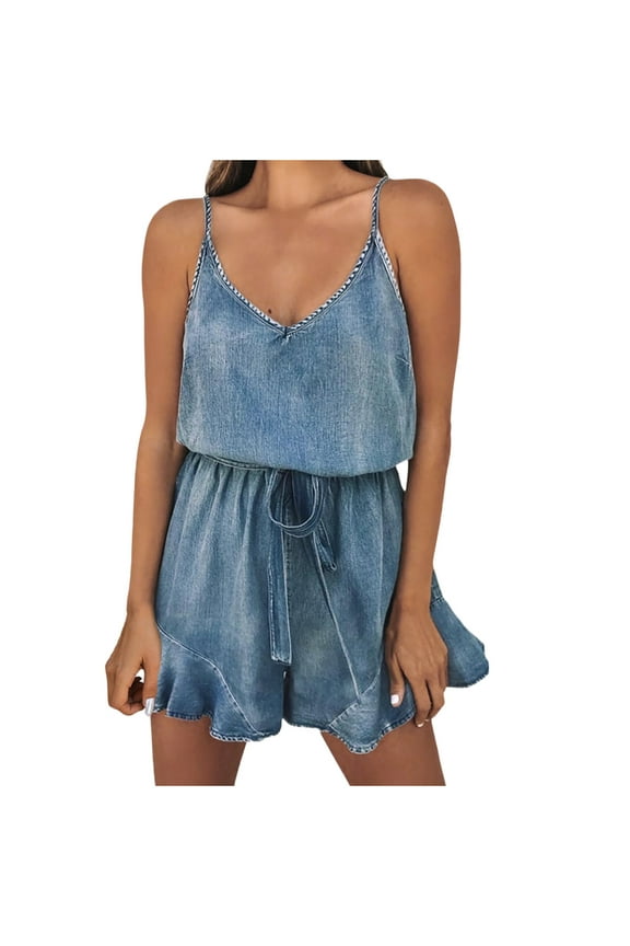 Women's Denim Jean Romper Shorts V Neck Spaghetti Strap Belted Short Jumpsuits Flared Ruffle Shorts (XL, Blue)