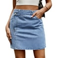 thumbnail image 1 of Women's Denim Jean Skirt High Waisted Button Front Mini Skirt with Pockets Irregular Waist Design A-Line Stretch Girls Vintage Skirt, 1 of 5