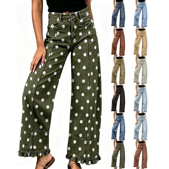 Women's Denim Jeans High Waist Dot Pattern Wide Leg Loose Jeans Ruffle Hem Denim Pants for Daily Casual Weekend