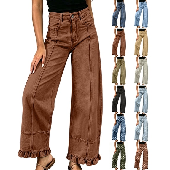 Women's Denim Jeans High Waist Wide Leg Loose Jeans Ruffle Hem Denim Pants for Daily Casual Weekend