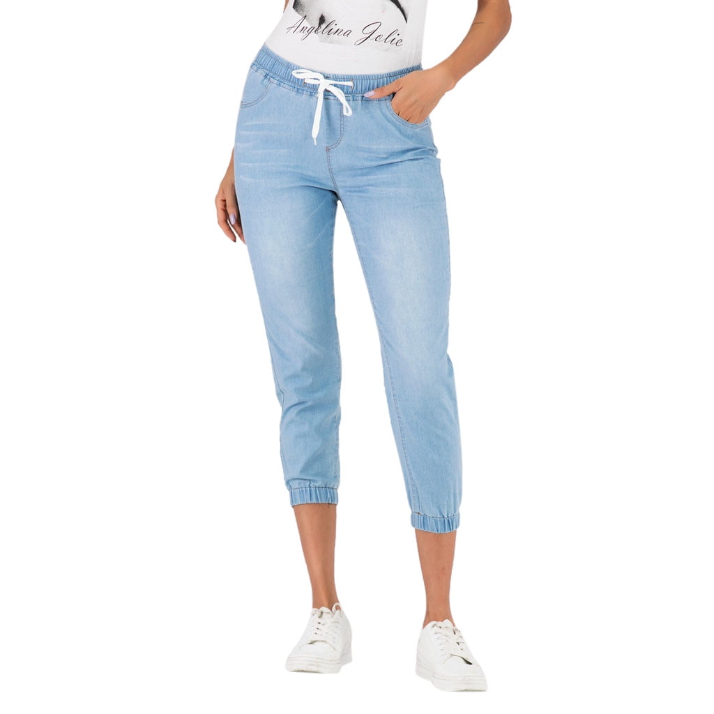 Women's Denim Jogger Pants Ladies Sweatpants Drawstrings Elastic Waist