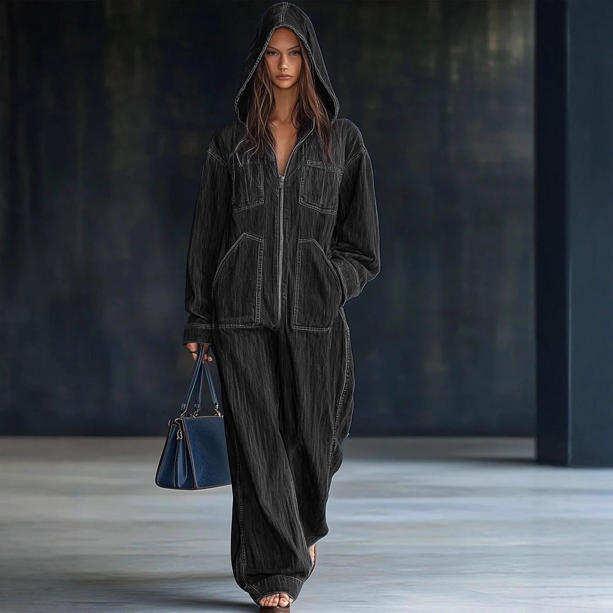 Women's Denim Jumpsuit Long Sleeve Hooded Zip Up One-Piece Casual Loose Fit Jean Romper With Pockets For Autumn Winter Travel