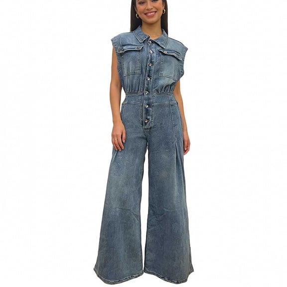 Women's Denim Jumpsuit Sleeveless Button Down Tank Top Flared Wide Leg Bell Bottom One Piece Jeans Overalls Summer Bib Dungarees Baggy Playsuits One Piece Rompers Party Onesies with Pockets