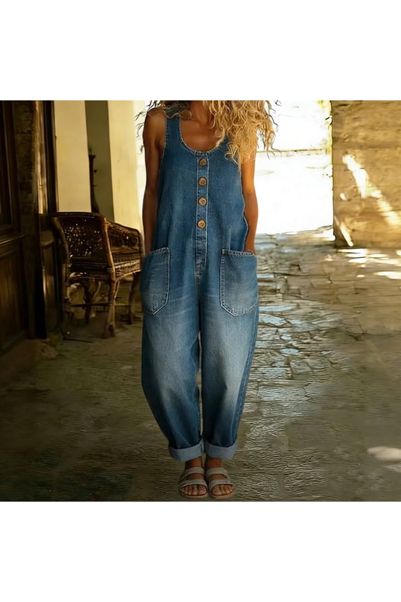 Women's Denim Jumpsuit, Wide Leg Pants With Strappy Detail & Pockets, One-Piece Jean Bodysuit For Edgy Style Blue S