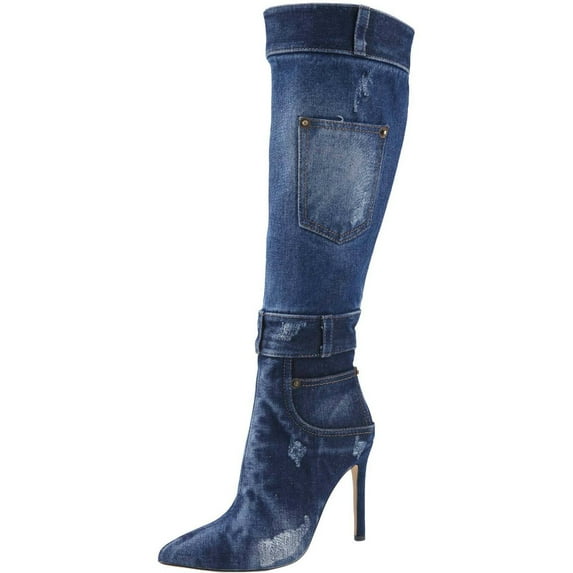 Women's Denim Knee High Boots Stiletto Heel Boot Pointed Toe Distressed Jean Thigh High Boots