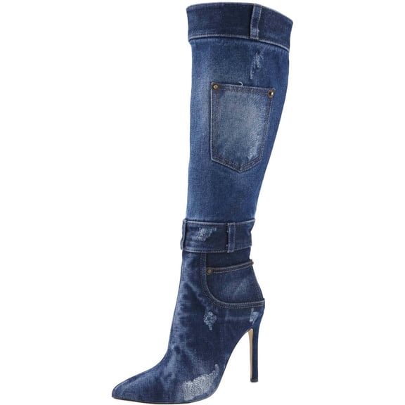 Women's Denim Knee High Boots Stiletto Heel Boot Pointed Toe Distressed Jean Thigh High Boots