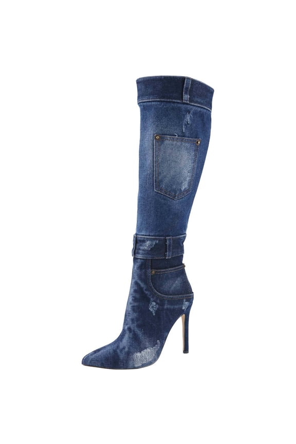 Women's Denim Knee High Boots Stiletto Heel Boot Pointed Toe Distressed Jean Thigh High Boots