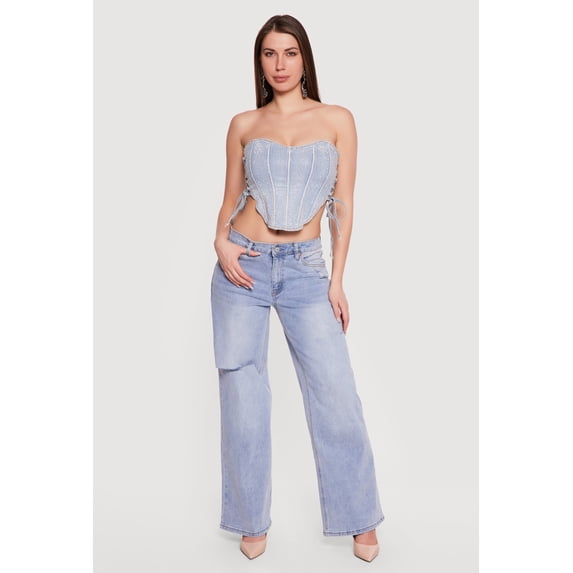 Women's Denim Lace Up Sides Rhinestone Corset Crop Top