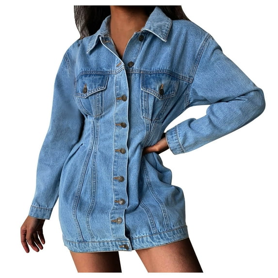 Women's Denim Lapel Pleated Long Sleeve Dress Casual Knee-Length Jacket Polyester Solid Color Daily Wear Party Work Spring Winter