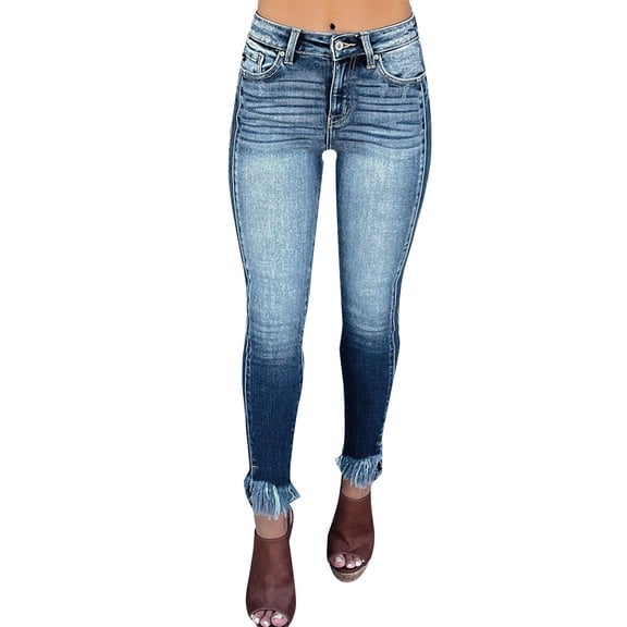 Women's Denim Leggings Stretch Comfortable Skinny Jeans High Waist White Ruffled Edges Fashion Pants