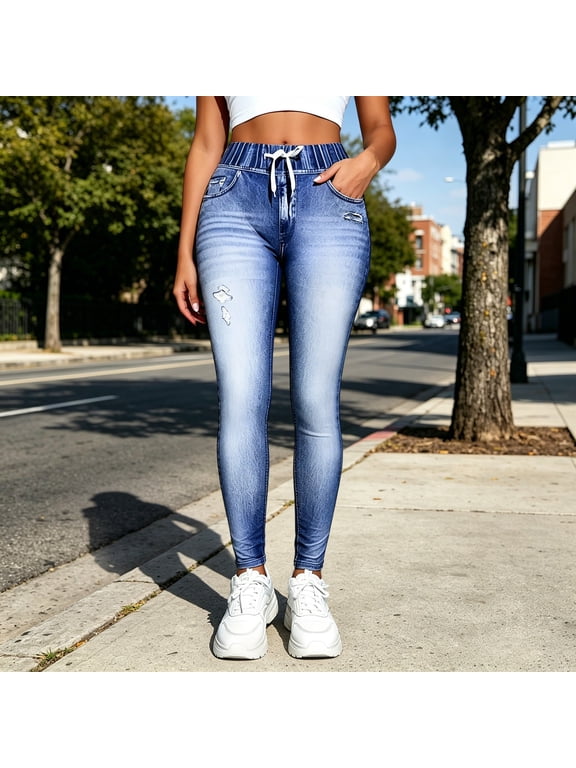 Women's Denim Look Drawstring High Waist Printed Ripped Yoga Leggings, High Elastic Butt Lifting Tights with Jegging Appearance, for Fitness Workout, Gym Training or Daily Casual Wear Dark Blue S