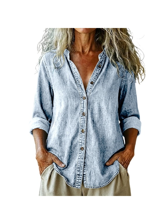 Women's Denim Mandarin Collar Button Down Shirts Casual Casual Dressy Shirt Jacket Shacket Jean Blouses Tops