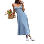 knee length dresses for ladies Women¡¯s Floral Spaghetti Strap Denim Patchwork Maxi Dress – Babakud main image 1