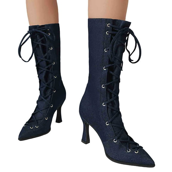 Women's Denim Mid Calf Boots Fashion Pointed Toe Fall Booties Comfortable Slip On Mid Kitten Heel Lace Up Riding Boots Black Size 7