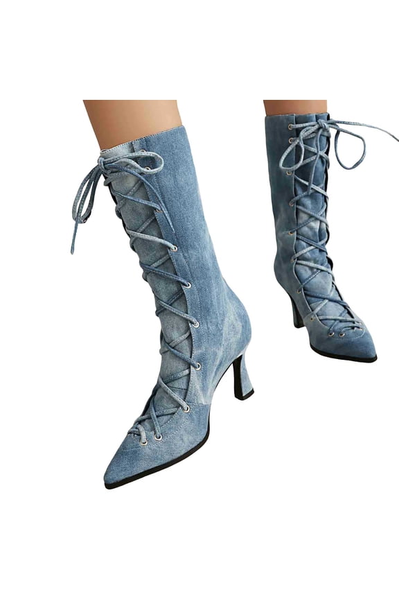 Women's Denim Mid Calf Boots Fashion Pointed Toe Fall Booties Comfortable Slip On Mid Kitten Heel Lace Up Riding Boots Blue Size 7.5