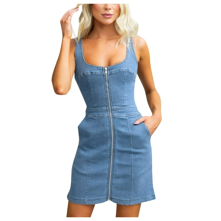 Sexy Solid Color Distressed Slit Zipper U Neck Sleeveless Skinny Denim Dresses Sexy Solid Color Distressed Slit Zipper U Neck Sleeveless Skinny Denim Dresses