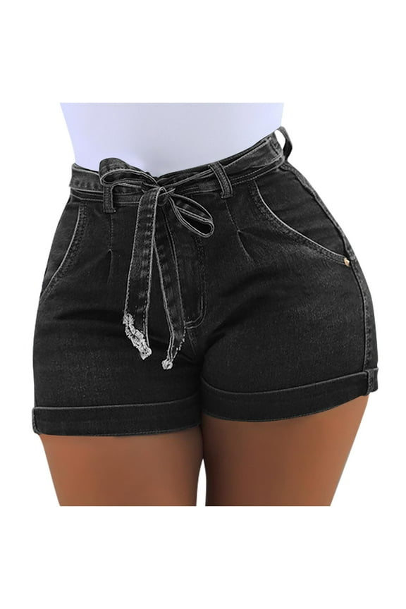 Women's Denim Mini Cargo Shorts Casual Mid Rise High Stretchy Jean Shorts With Pockets Black