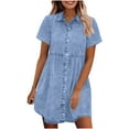 thumbnail image 1 of Women's Denim Mini Dress Casual Short Sleeve Lapel Button Dress High Waisted A-Line Short Dresses, 1 of 7